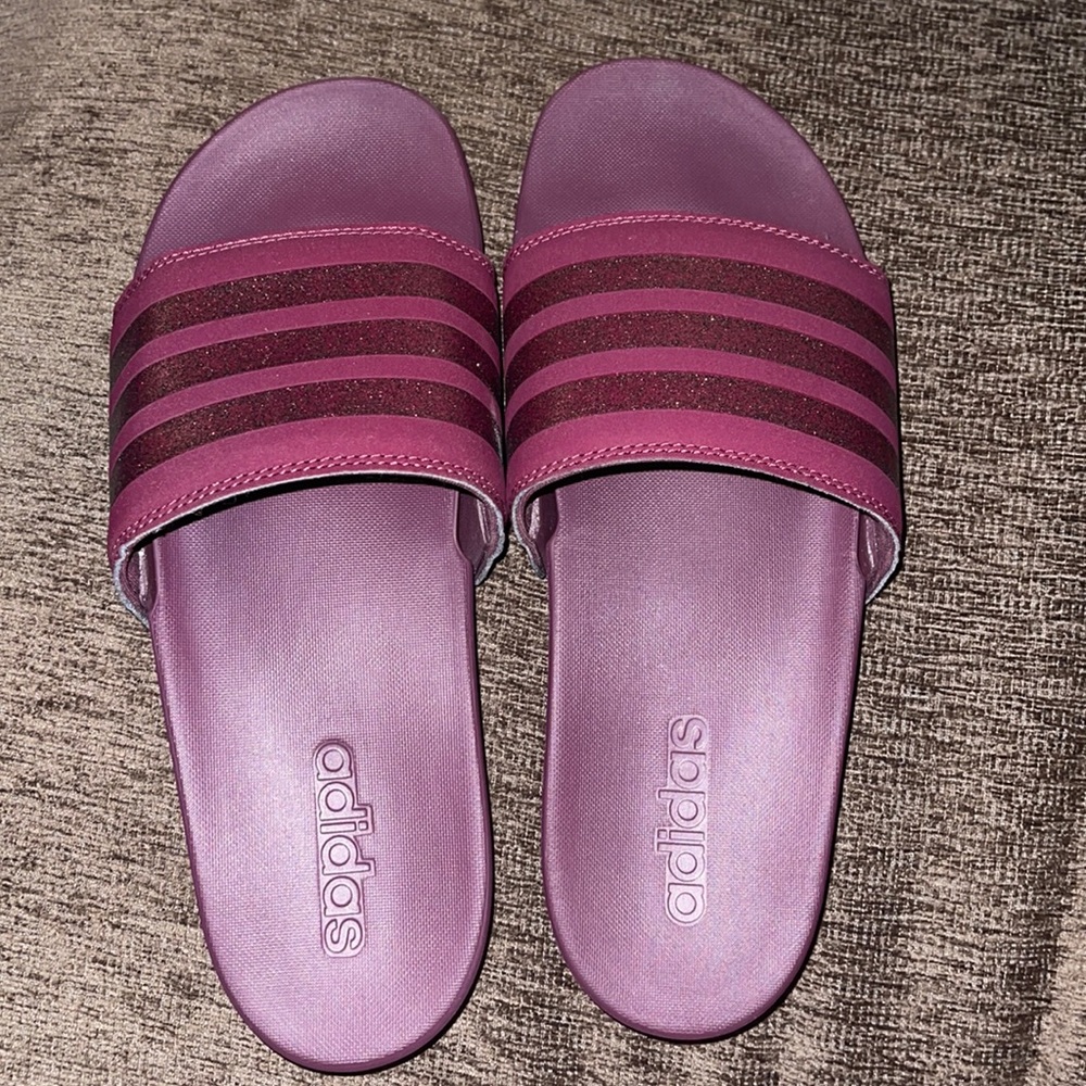 Maroon adidas slides